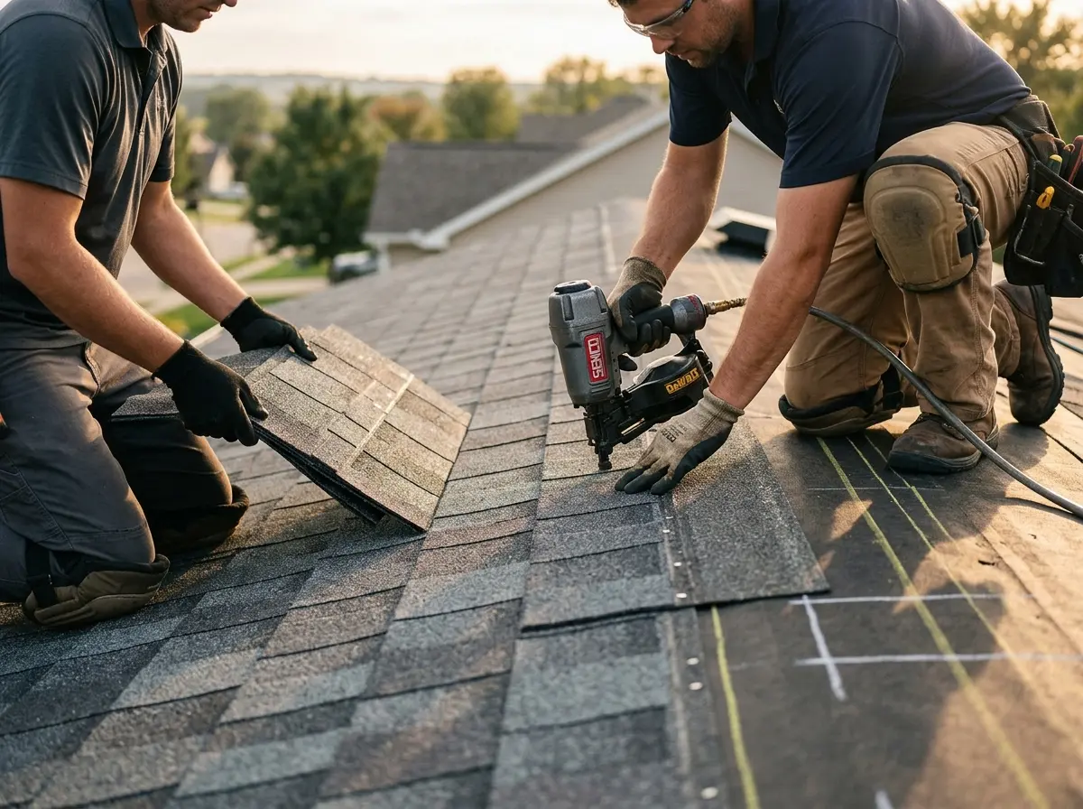 Professional roofer working on a residential roof in Rochester Hills